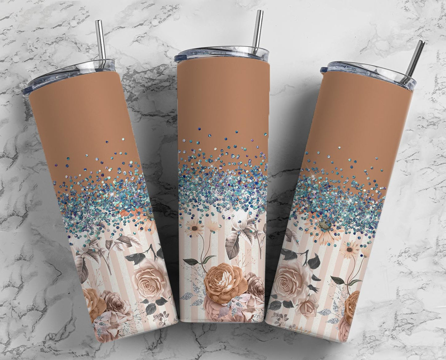 Glitter Brown Striped Roses Stainless Steel Tumbler