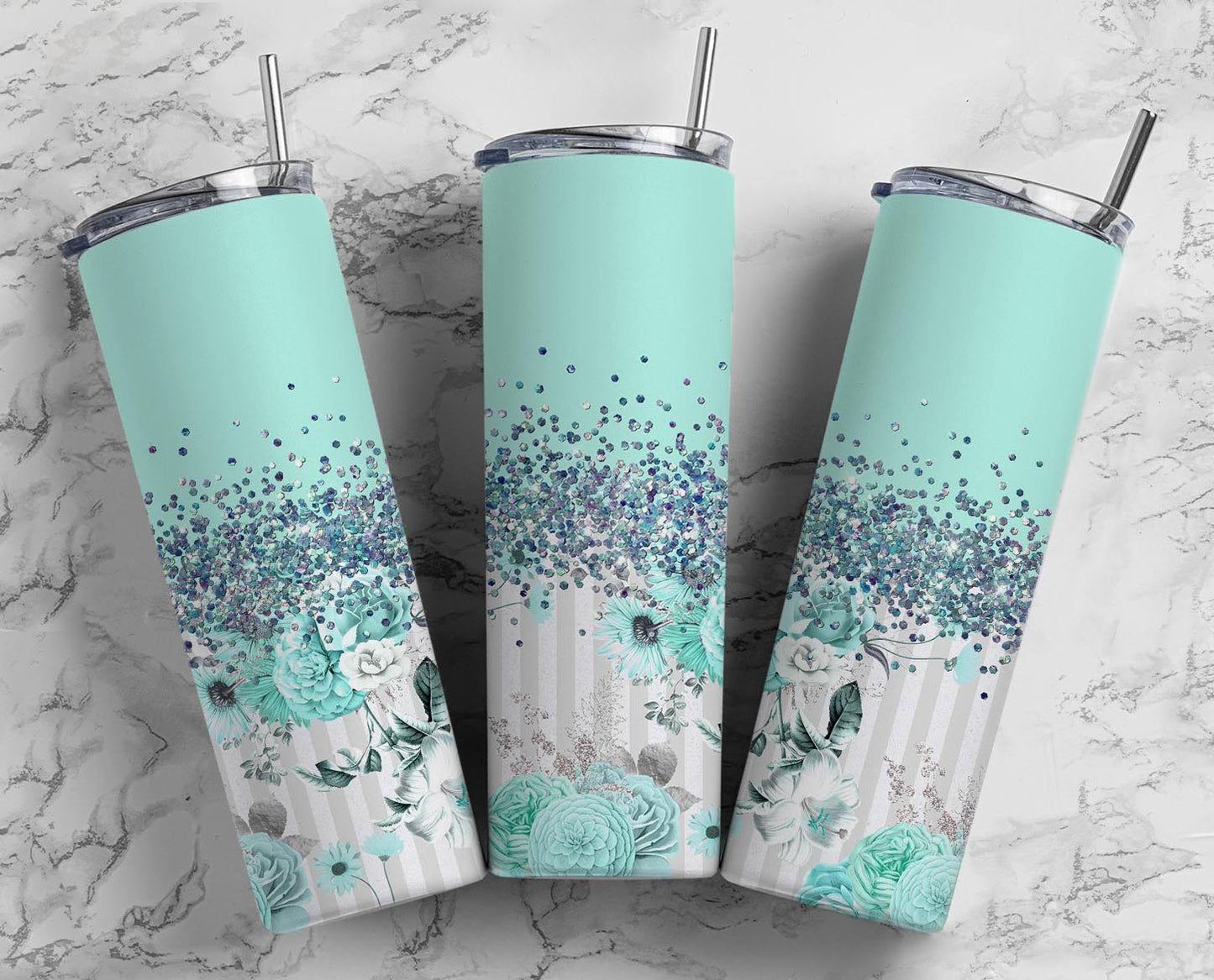 Glitter Split Teal Striped Roses Stainless Steel Tumbler