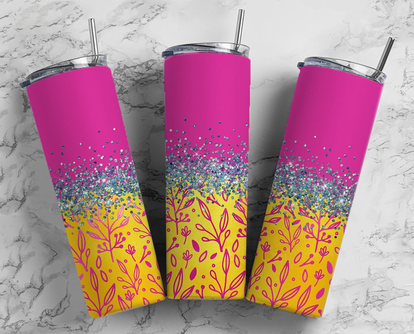 Glitter Yellow & Pink Leaves Stainless Steel Tumbler