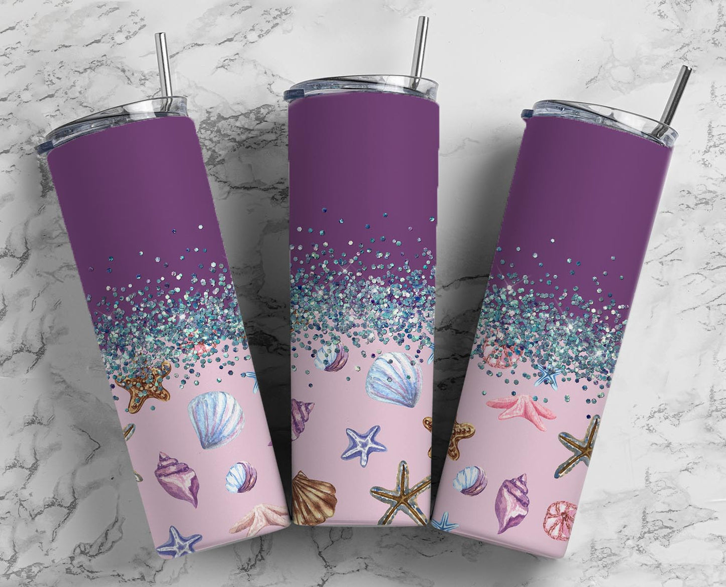 Glitter Split Purple Sea Shells Stainless Steel Tumbler