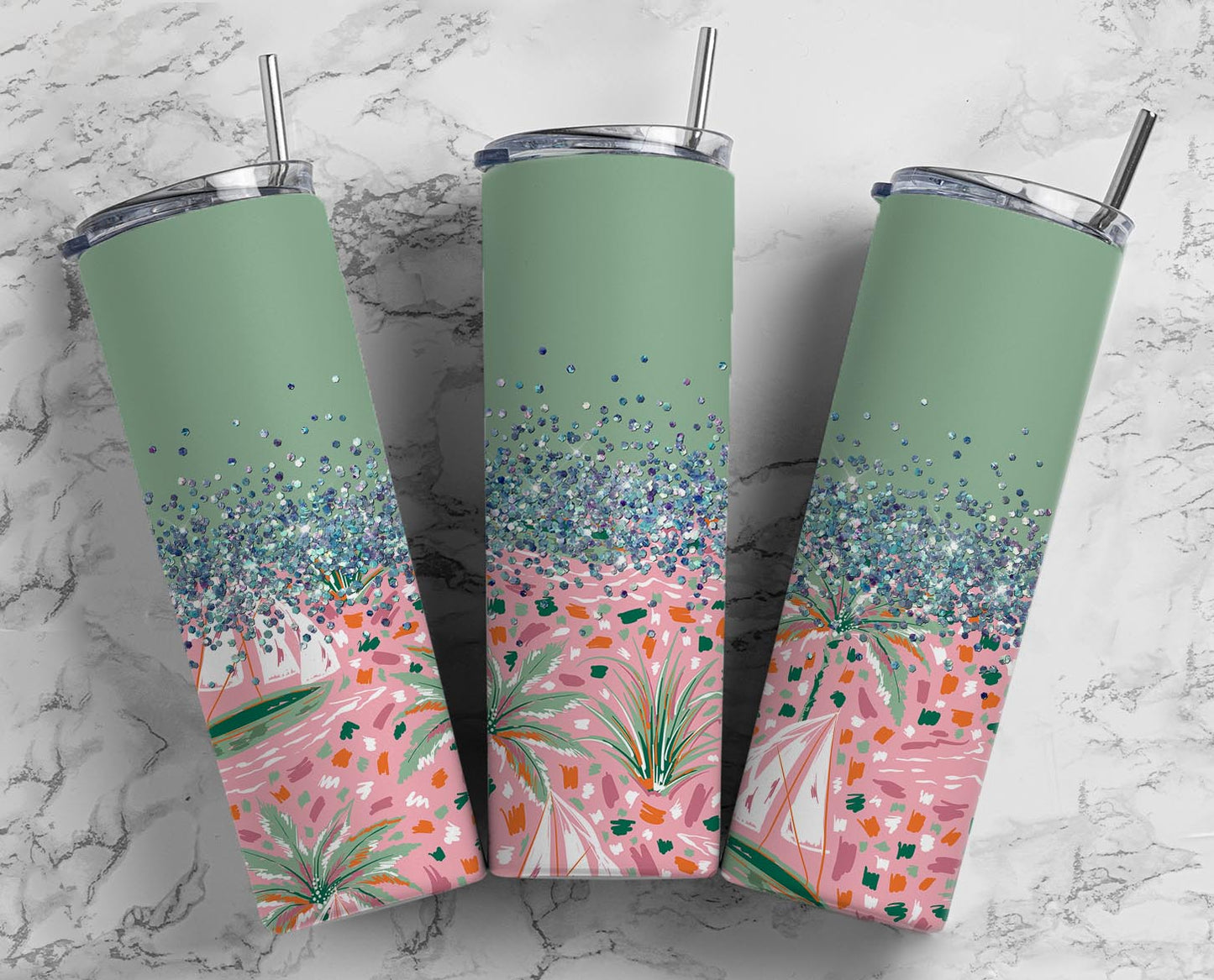 Glitter Split  Green Sail Boats Stainless Steel Tumbler