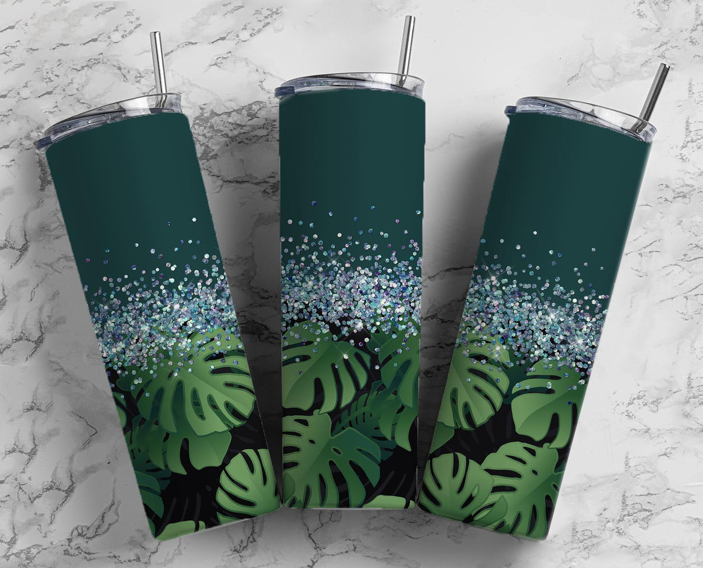 Glitter Split Forest Green Monstera Leaf Stainless Steel Tumbler