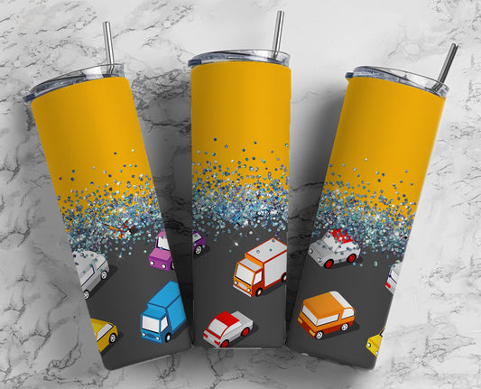 Glitter Split Yellow Cars Stainless Steel Tumbler