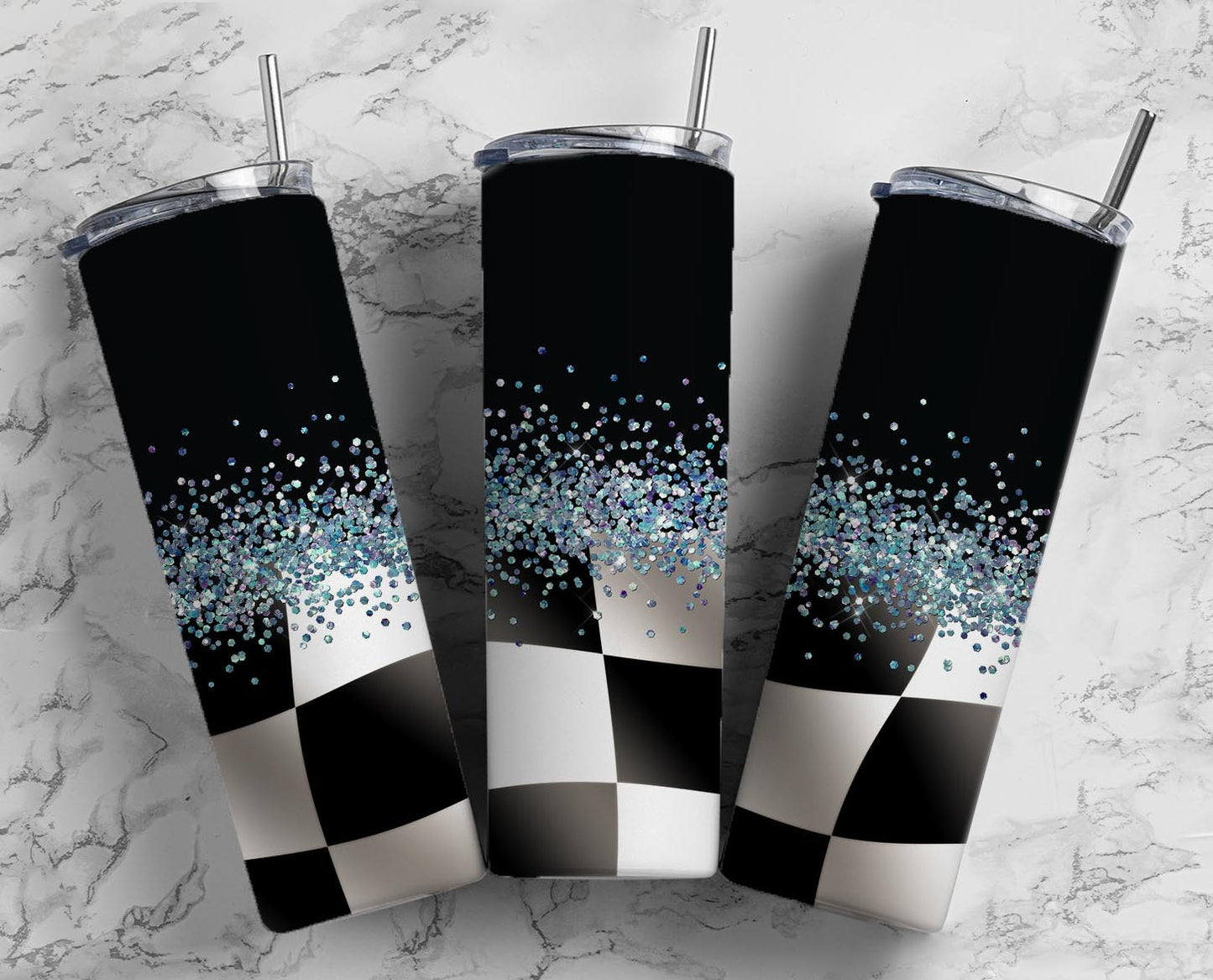 Glitter Black Checkers Stainless Steel Tumbler