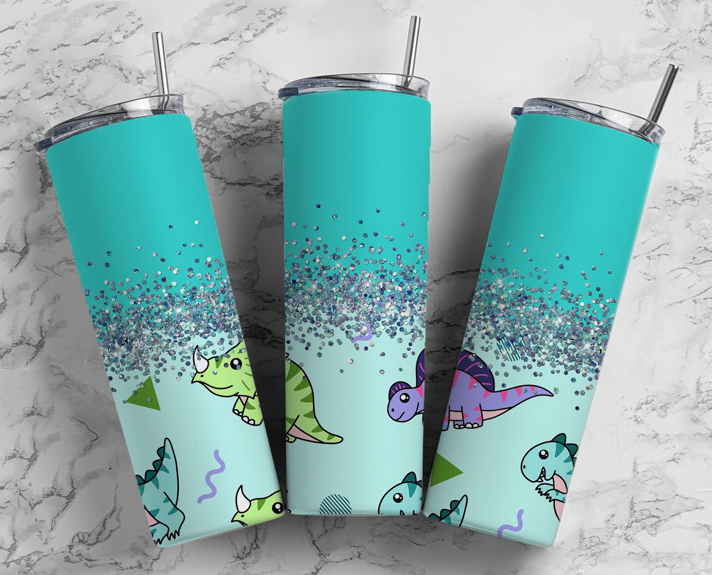 Glitter Split Teal Dinosaurs Stainless Steel Tumbler