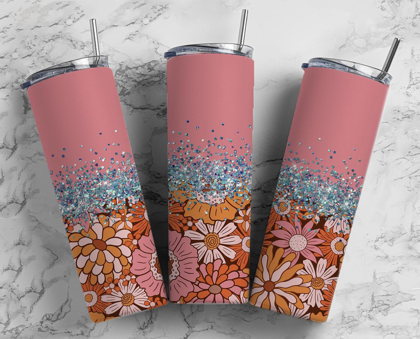 Glitter Split Mauve Groovy Flowers Stainless Steel Tumbler