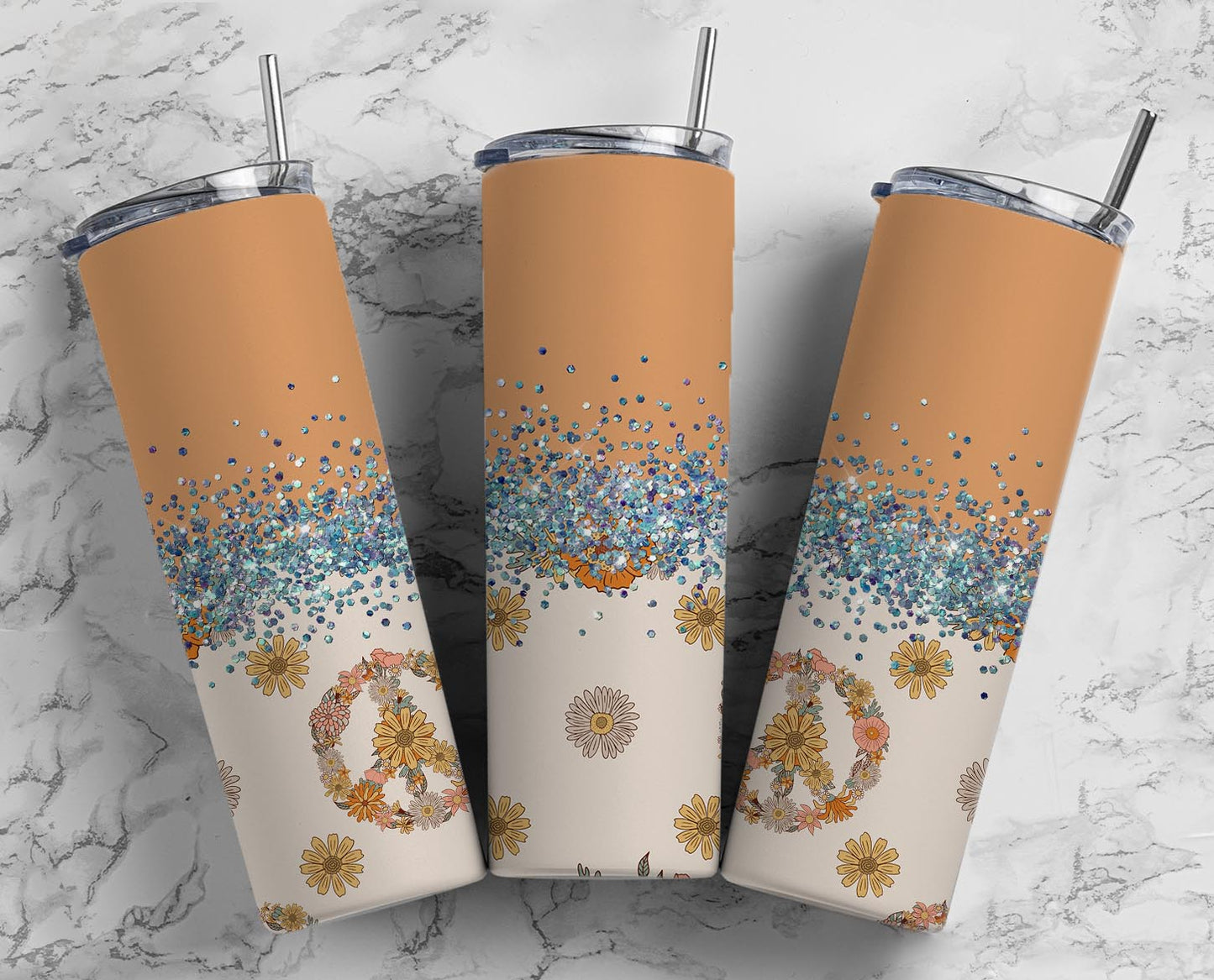 Glitter Split Peace Sign Flowers Stainless Steel Tumbler