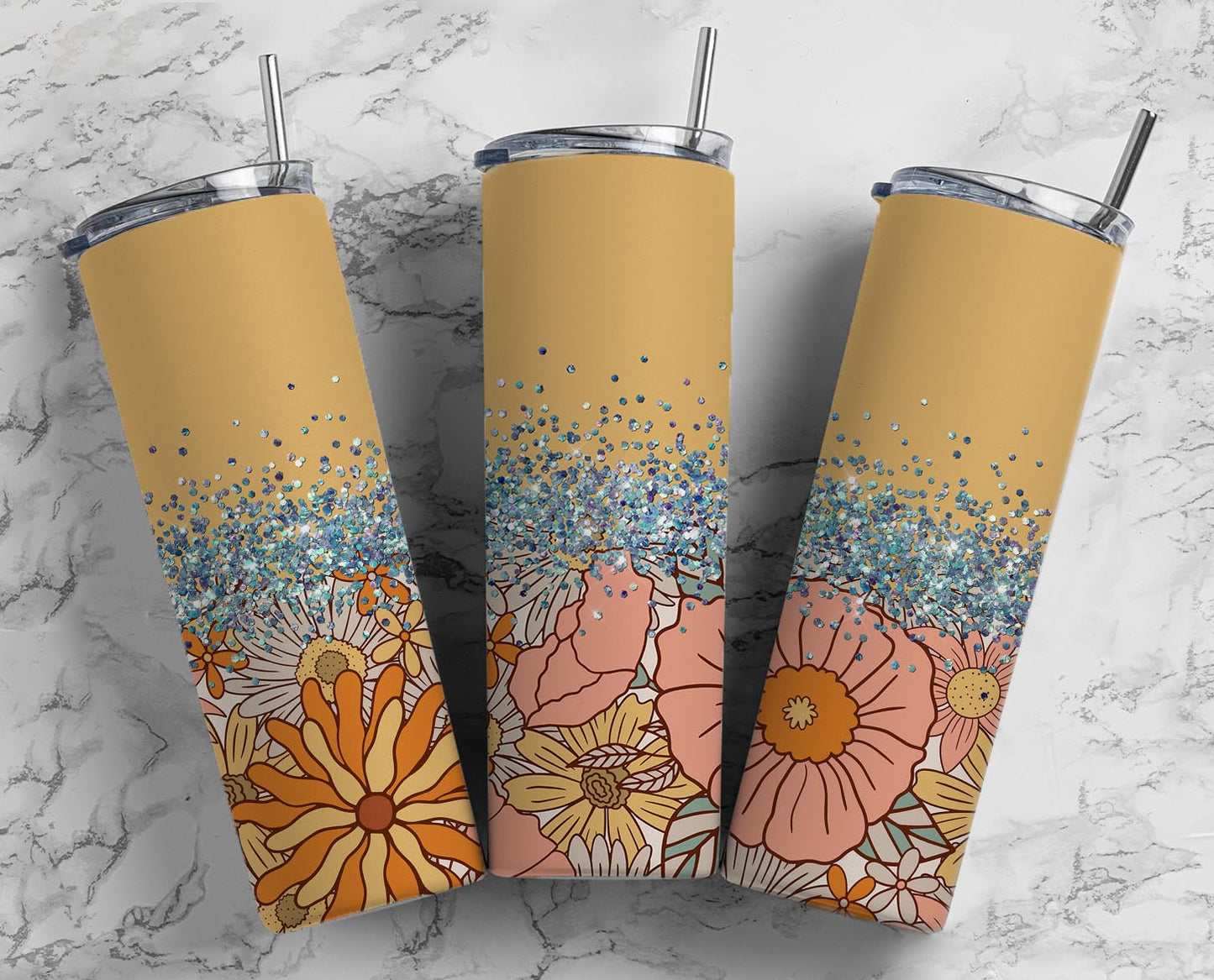 Glitter Split Tan Groovy Flowers Stainless Steel Tumbler