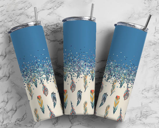 Glitter Split Blue Feathers Stainless Steel Tumbler