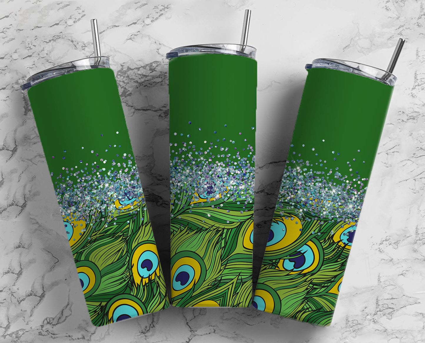 Glitter Split Green Peacock Feathers Stainless Steel Tumbler