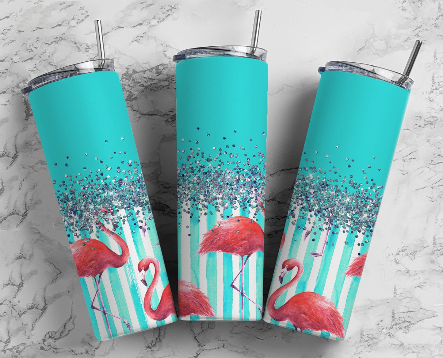 Glitter Teal Striped Flamingo Stainless Steel Tumbler