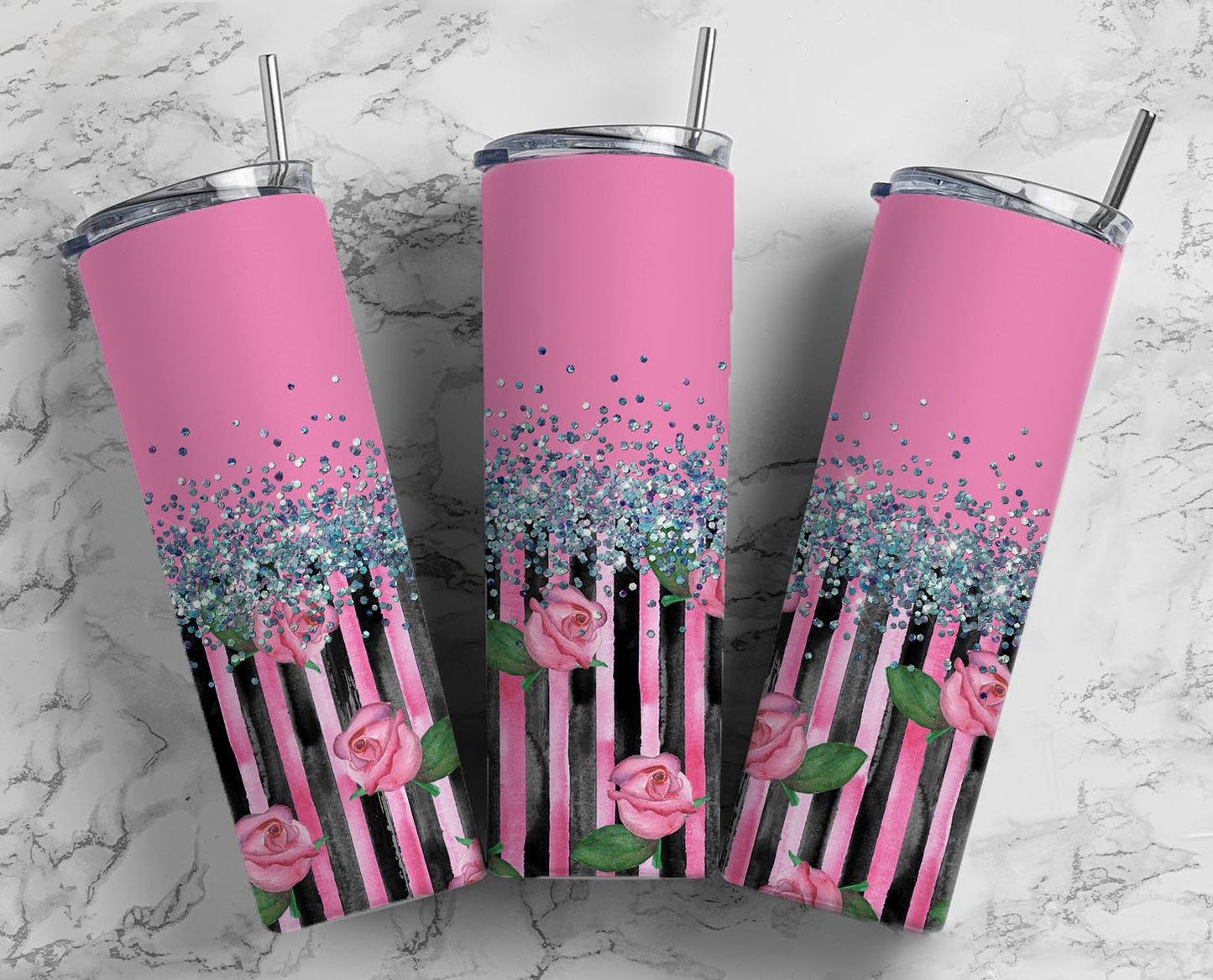 Glitter Pink Striped Roses  Stainless Steel Tumbler