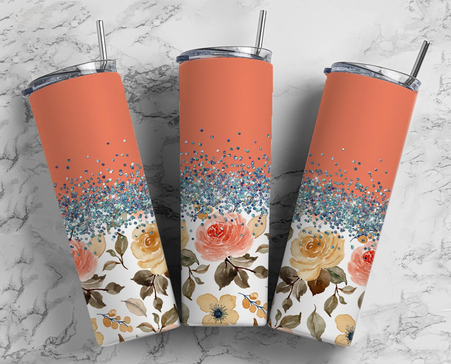 Glitter Peachy Flowers  Stainless Steel Tumbler