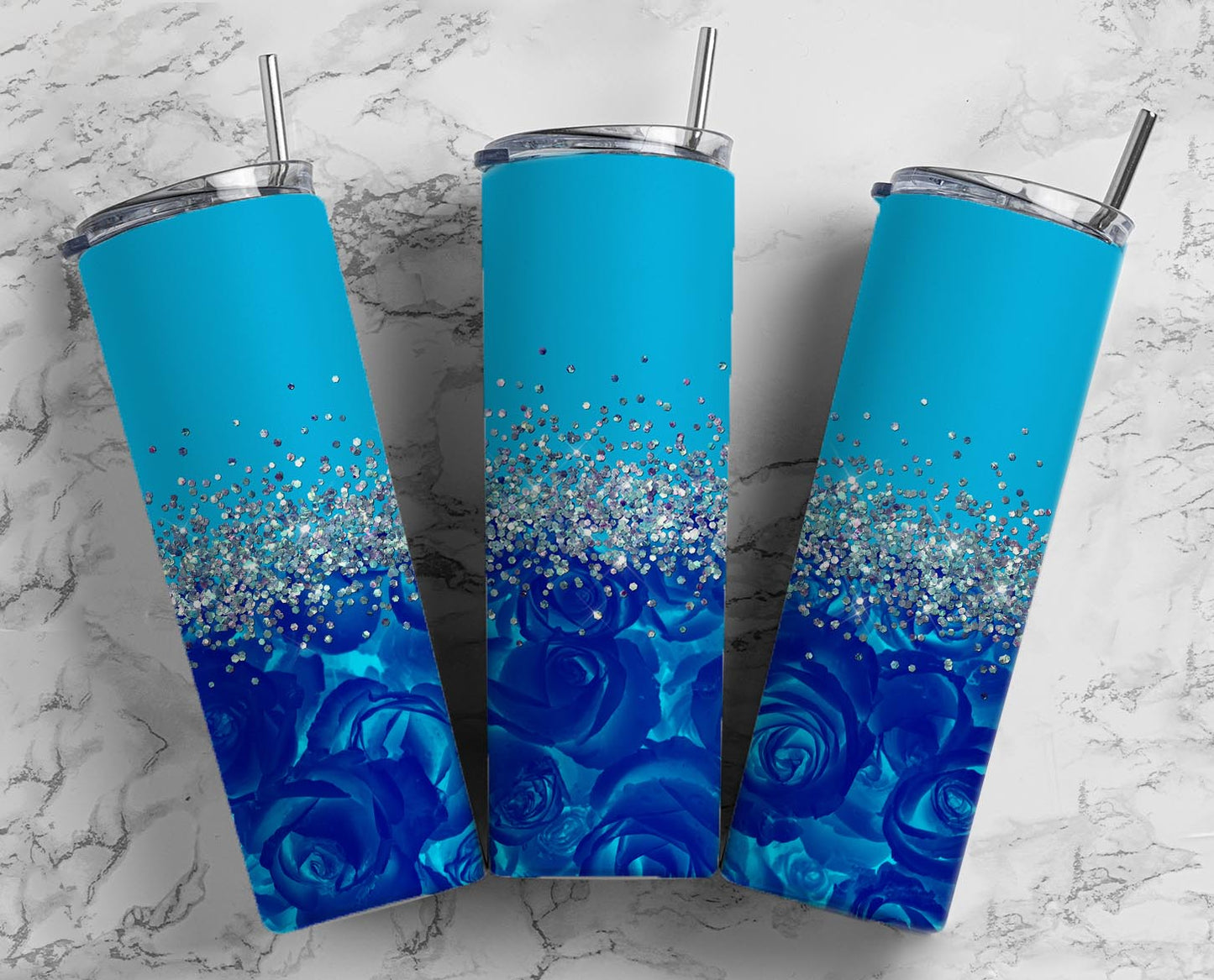 Glitter Blue Roses Stainless Steel Tumbler