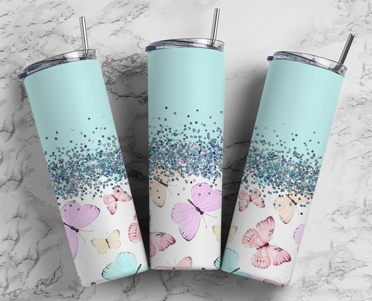 Glitter Light Blue W/Colorful Butterflies Stainless Steel Tumbler