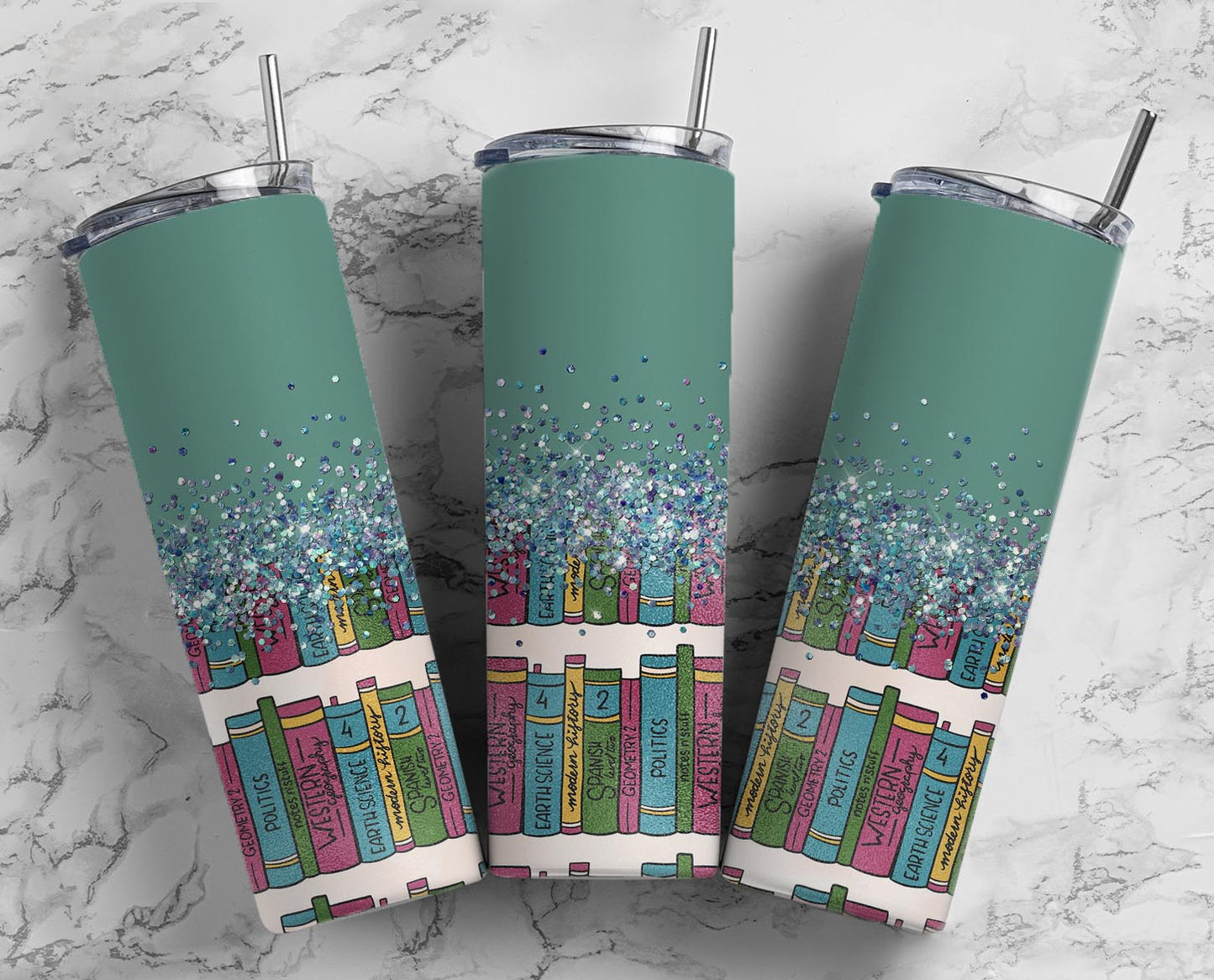 Glitter Green School Books Stainless Steel Tumbler