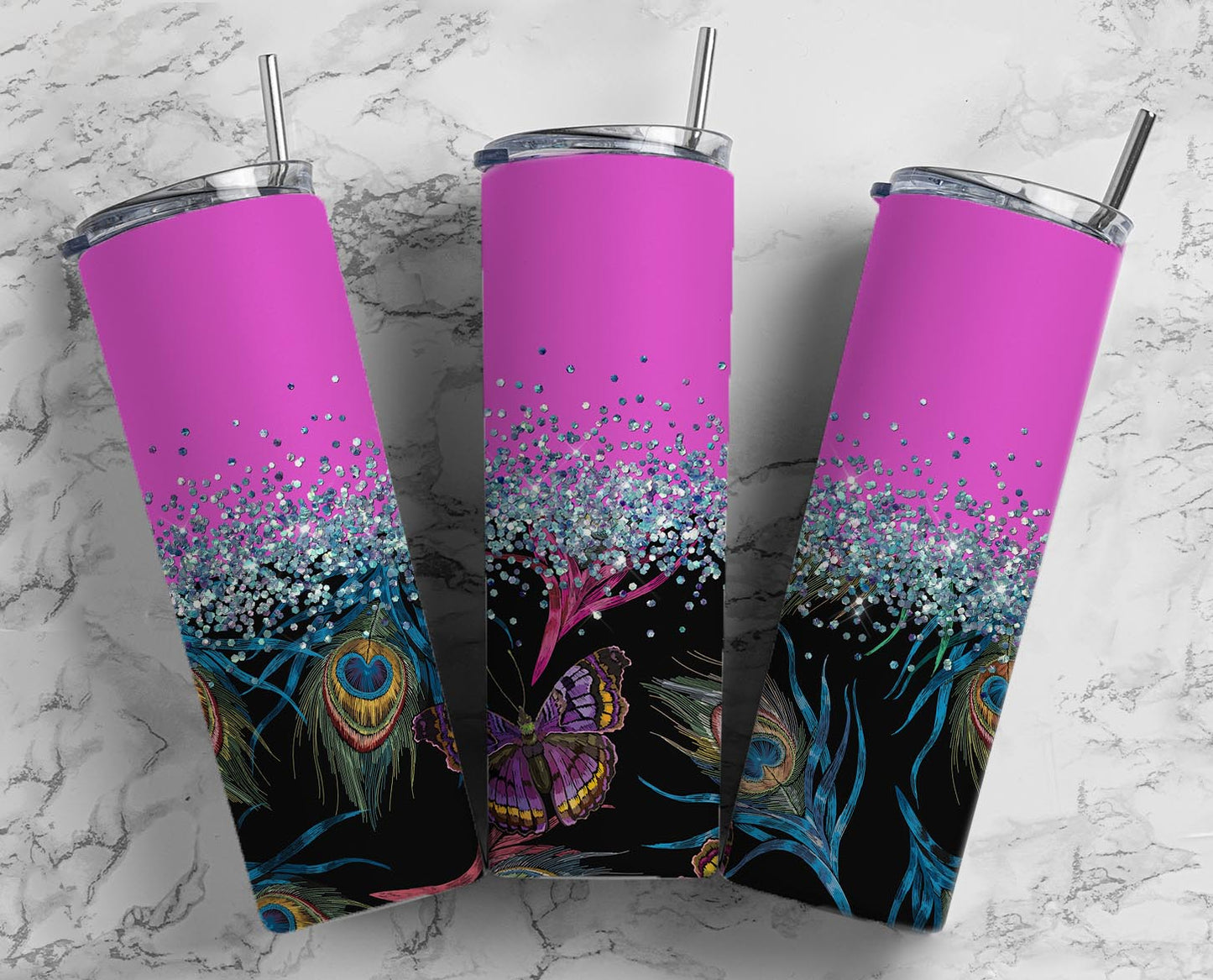 Glitter Peacock Feather & Butterfly Moth Stainless Steel Tumbler