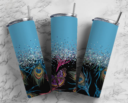 Glitter Blue Peacock Feather & Butterfly Moth Stainless Steel Tumbler