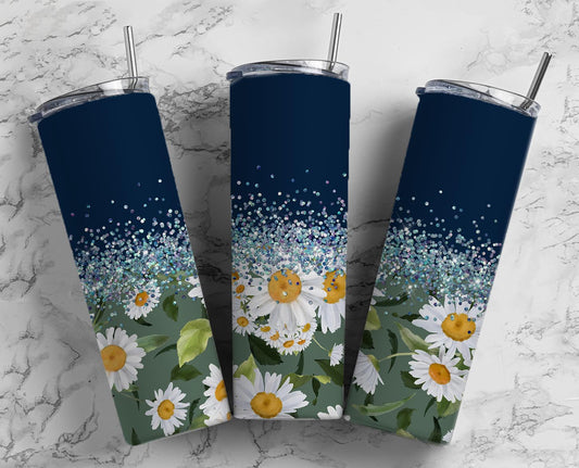 Glitter Navy Blue W/White & Yellow Daisies Stainless Steel Tumbler