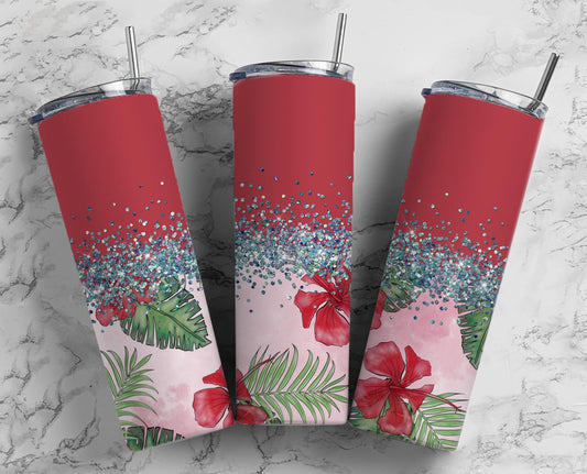 Glitter Red Hibiscus Stainless Steel Tumbler