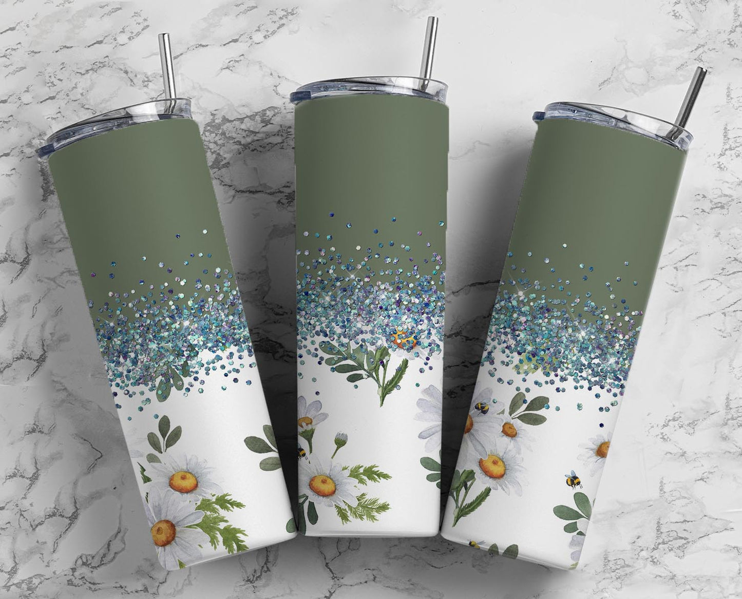 Glitter Olive Green Daisies Stainless Steel Tumbler