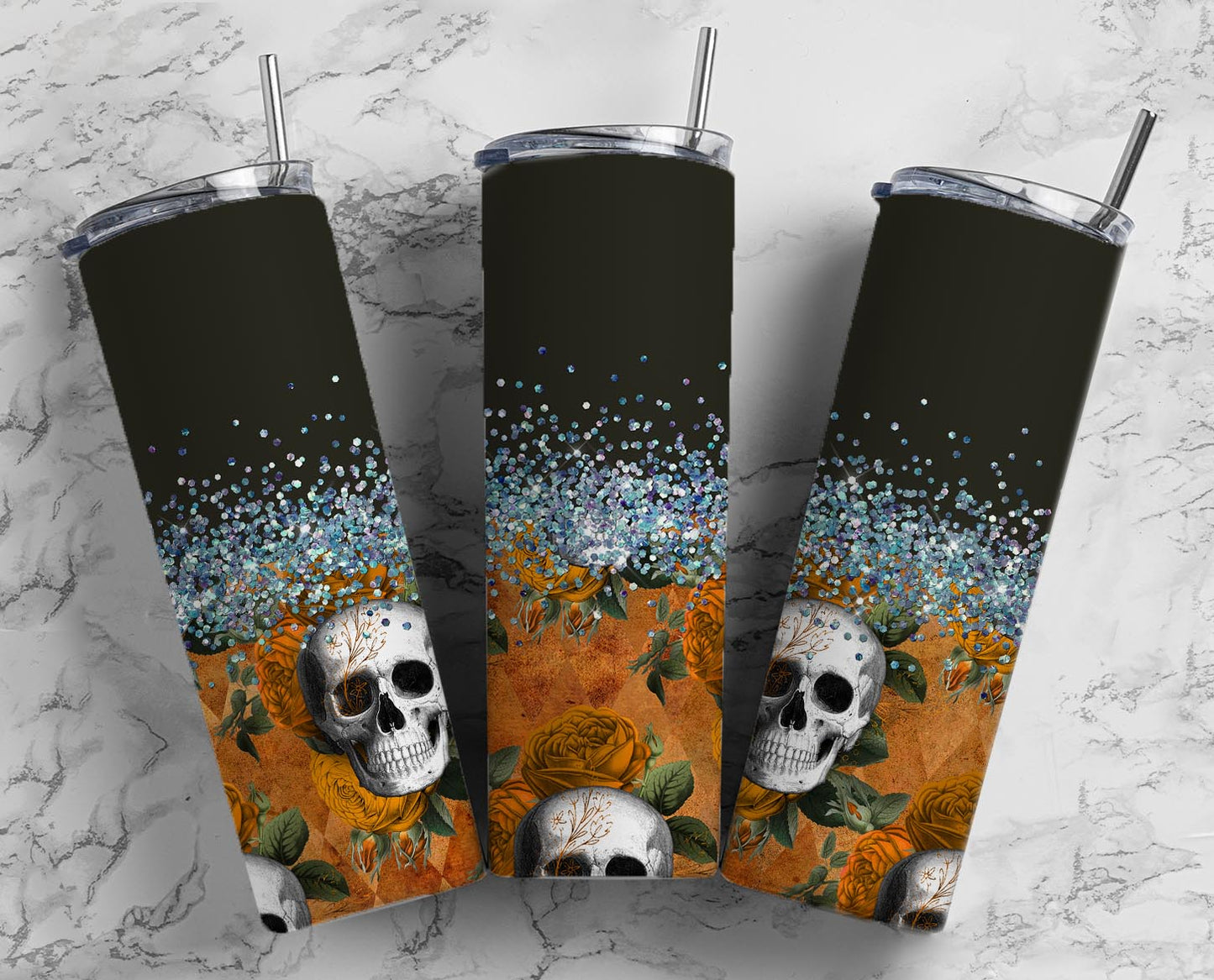 Glitter Black & Orange Skulls Stainless Steel Tumbler