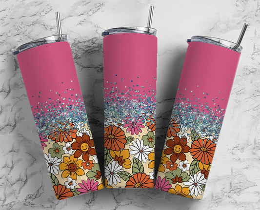 Glitter Pink Retro Flowers Stainless Steel Tumbler