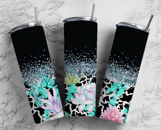 Glitter Cow Print W/ Succulents Stainless Steel Tumbler