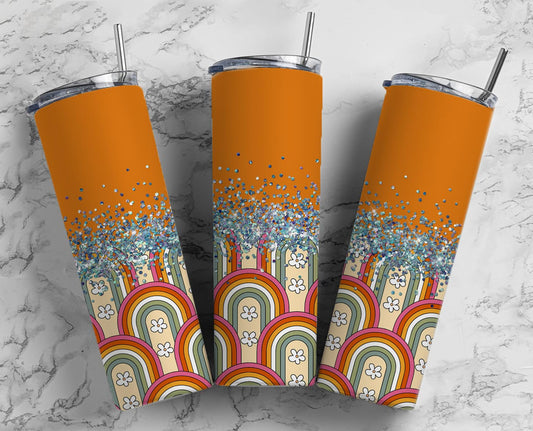 Glitter Orange Groovy Rainbows Stainless Steel Tumbler