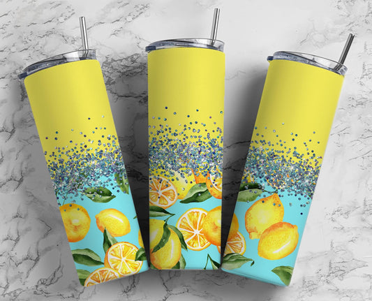 Glitter Yellow & Teal Lemons Stainless Steel Tumbler