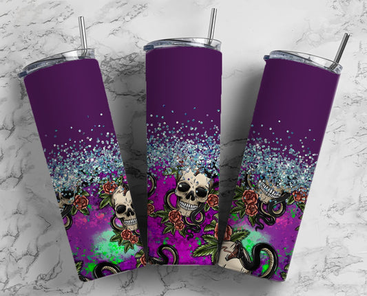 Glitter Purple Skull W/Cobra Stainless Steel Tumbler