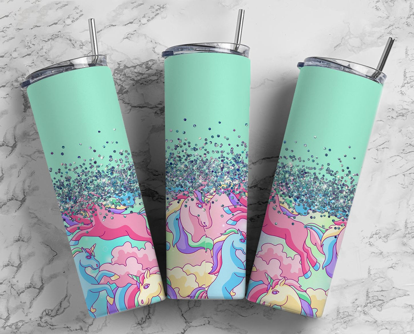 Glitter Mint Green Unicorns & Clouds Stainless Steel Tumbler