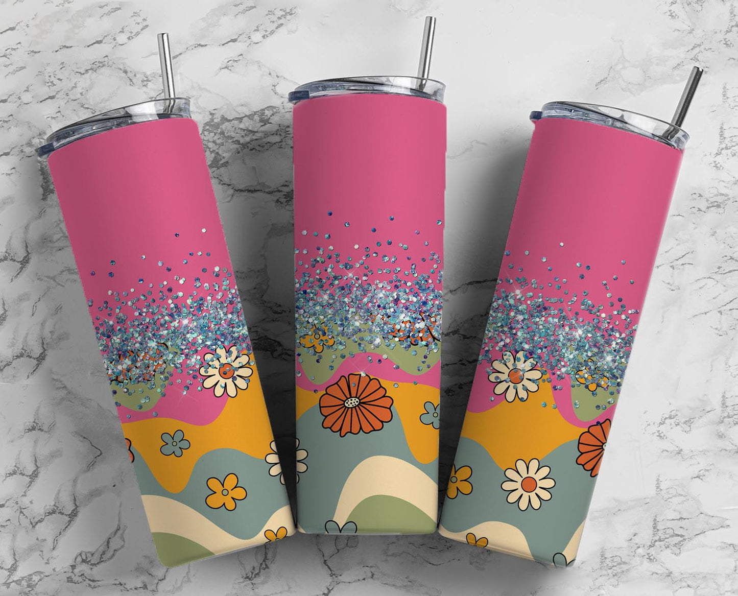 Glitter Wavy Flowers Stainless Steel Tumbler