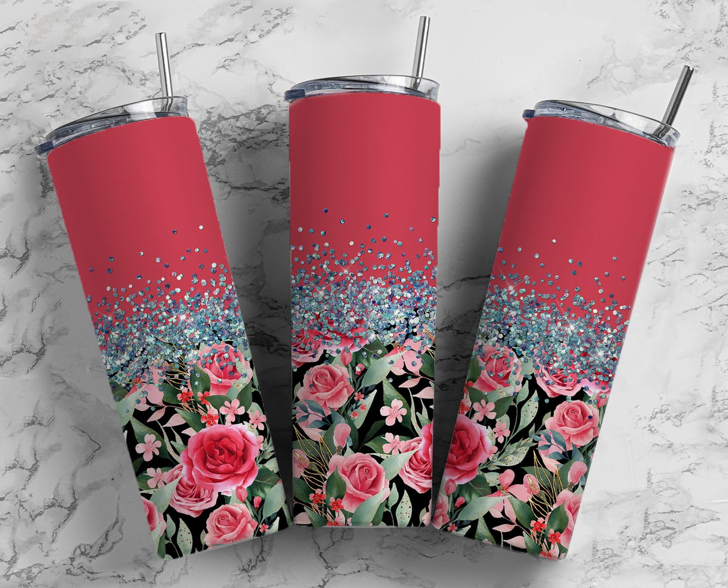 Glitter Dark Pink roses Stainless Steel Tumbler