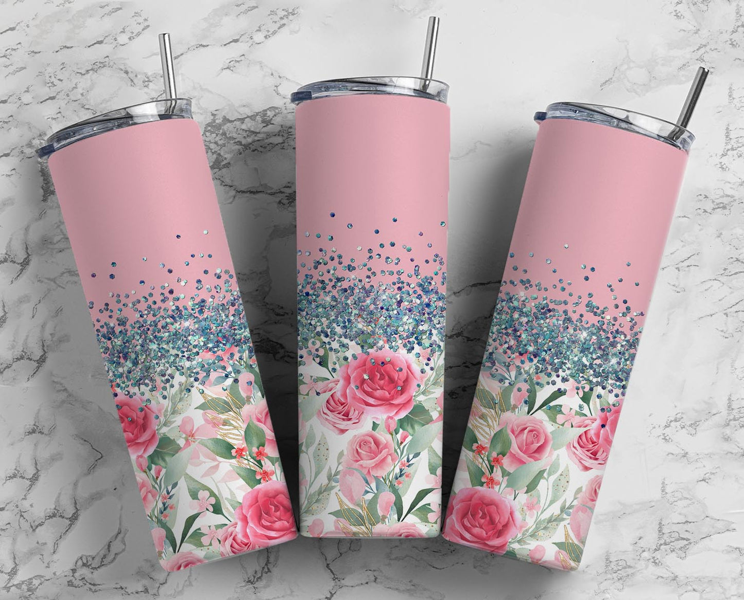 Glitter Split Pink Roses Stainless Steel Tumbler