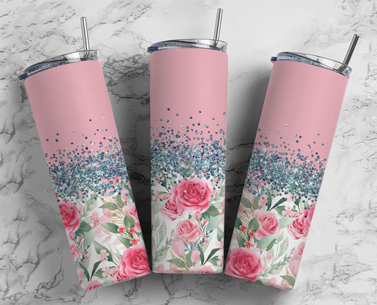 Glitter Split Pink Roses Stainless Steel Tumbler