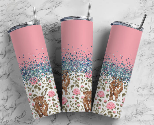 Glitter Pink Highland Cows Stainless Steel Tumbler