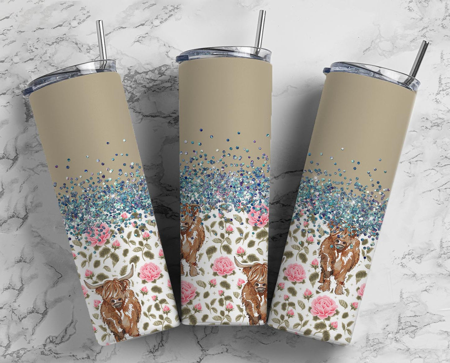 Glitter Beige Highland Cows Stainless Steel Tumbler