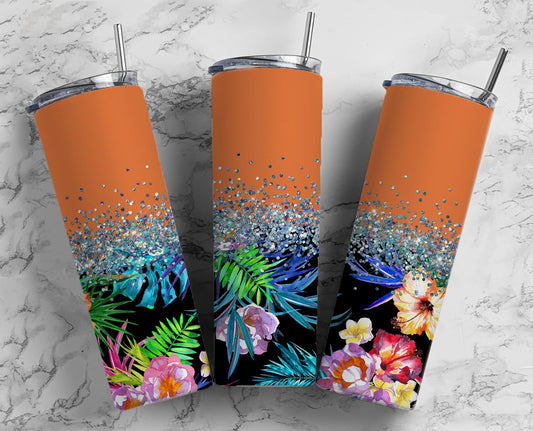 Glitter Orange Tropical Flowers Stainless Steel Tumbler