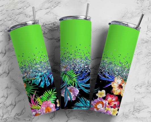 Glitter Neon Green Tropical Flowers Stainless Steel Tumbler