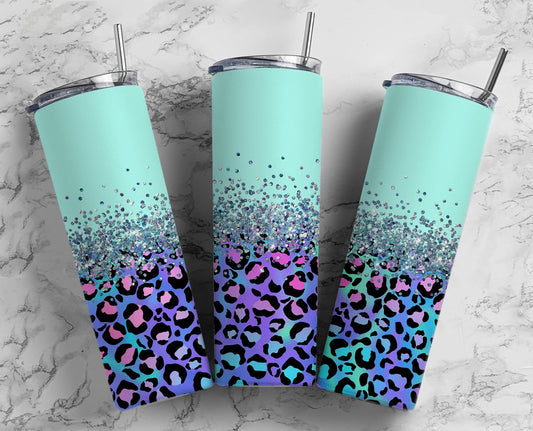 Glitter Mint Green & Purple Ombre Cheetah Print Stainless Steel Tumbler