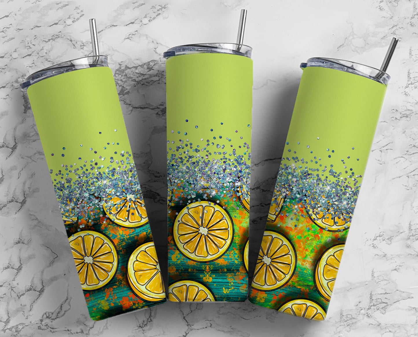 Glitter Green sliced Lemon Stainless Steel Tumbler