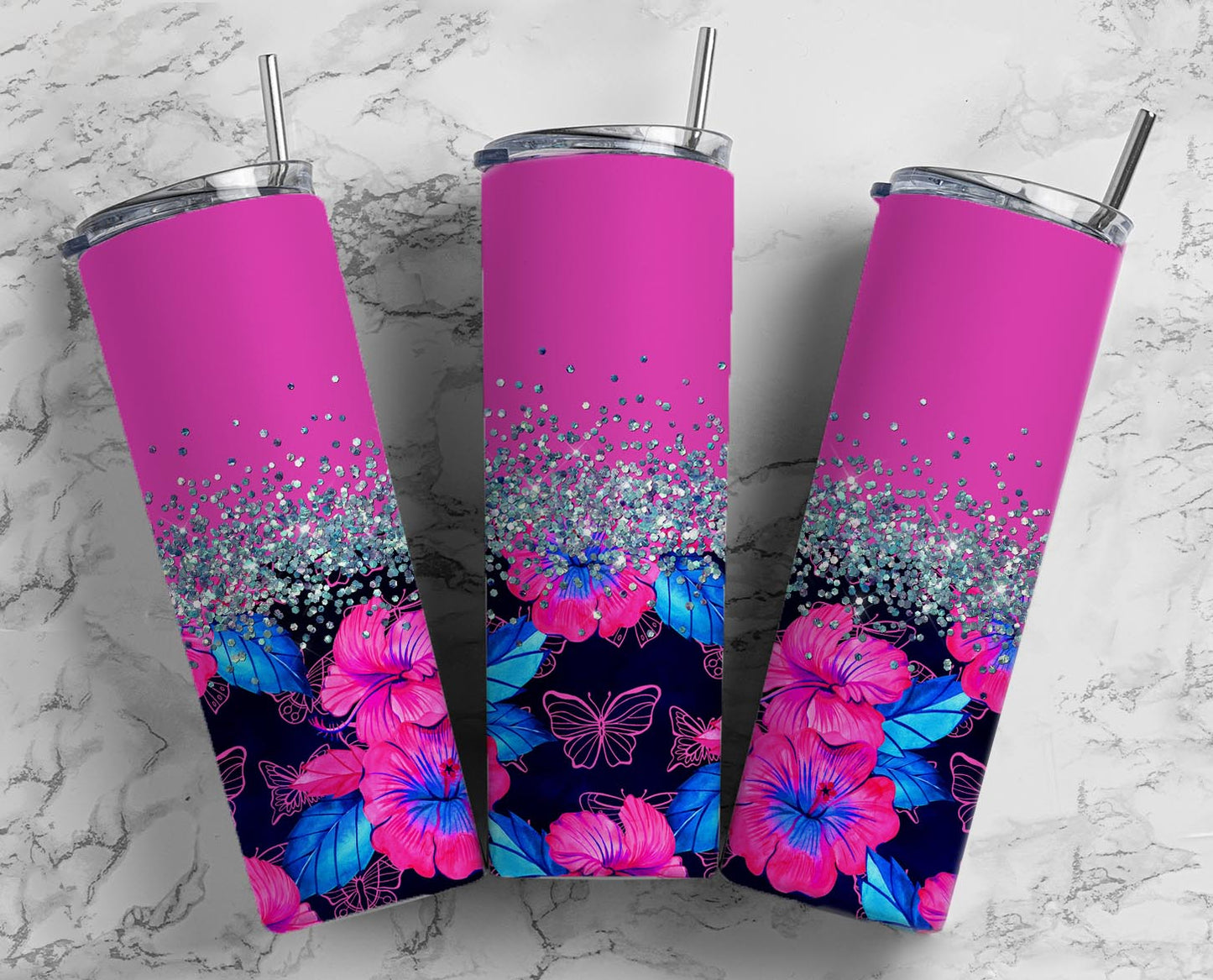 Glitter Hibiscus Butterfly Stainless Steel Tumbler