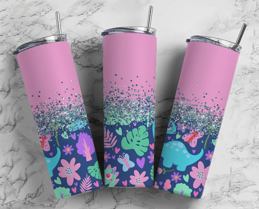 Glitter Pink & Blue Dinosaur Friends Stainless Steel Tumbler