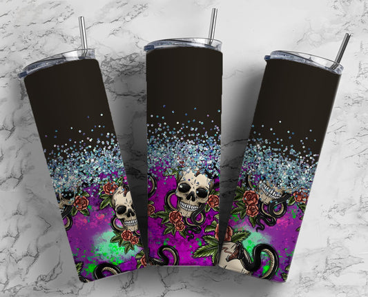 Glitter Black & Purple Skull W/Cobra Stainless Steel Tumbler