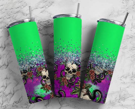 Glitter Lime Green & Purple Skull W/Cobra Stainless Steel Tumbler