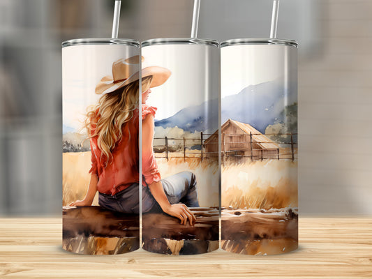 Cowgirl On Fence Stainless Steel Tumbler