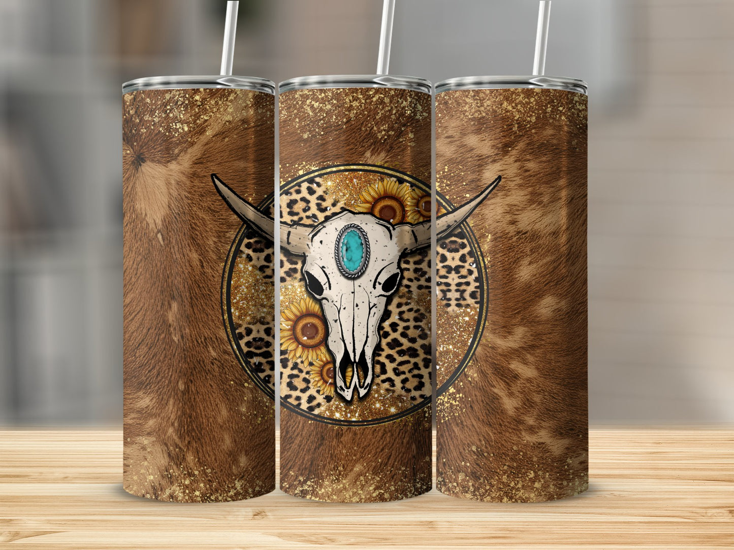 Cow Hide Turquoise Bull Skull Stainless Steel Tumbler