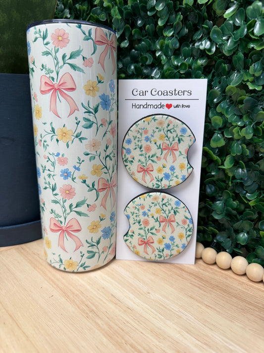Floral Pink Bows 20 oz Tumbler W/ FREE matching set of Car Coasters!