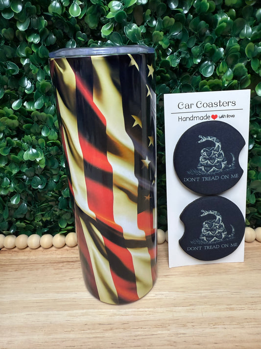 Don't Tread on me 20 oz stainless steel tumbler with FREE matching set of Car Coasters